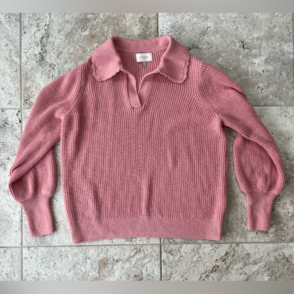 Joules Evangeline Pink Rib Knit Jumper With Crochet Collar in Pink, sz US14/UK18 - Picture 2 of 10